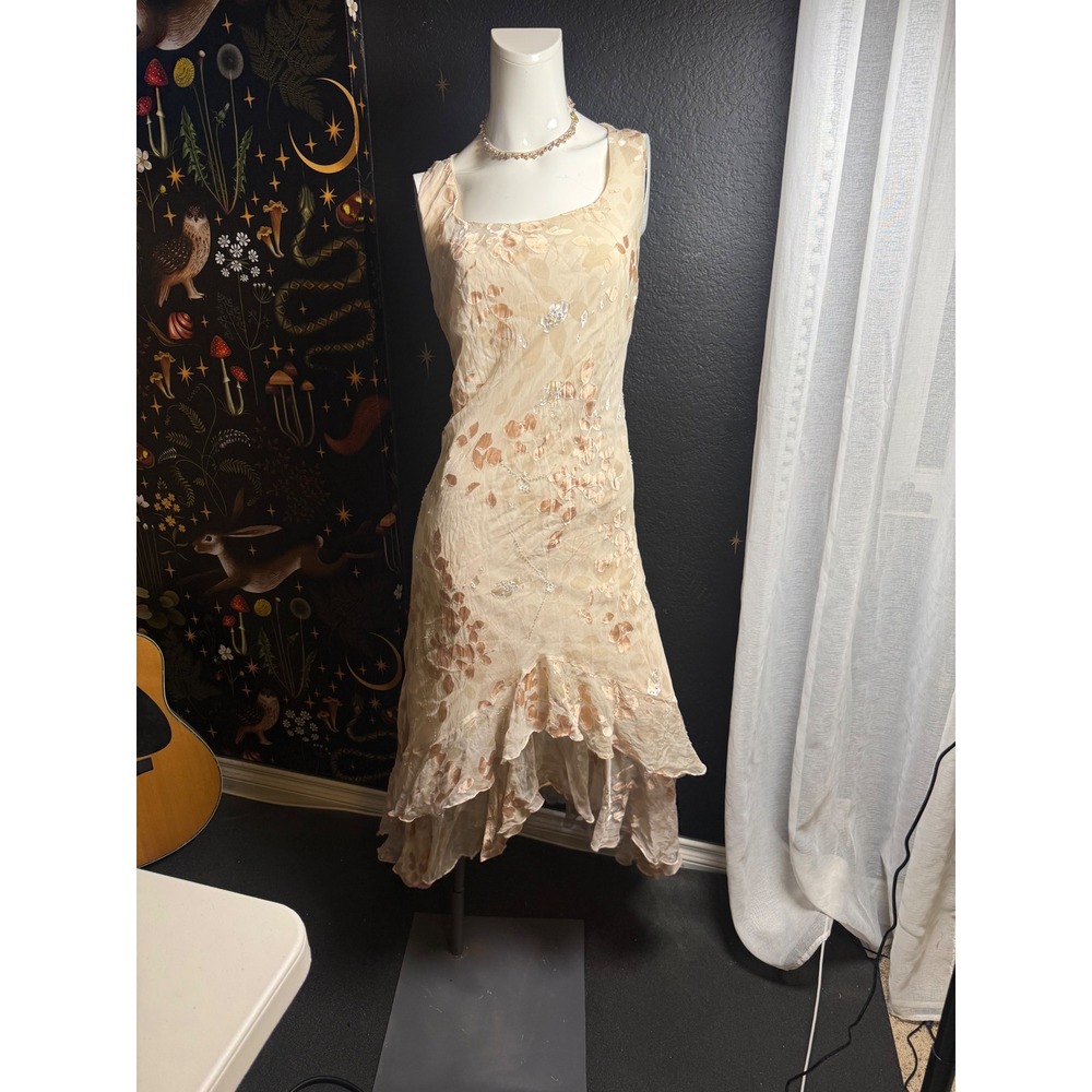 Alex Evenings Silk Blend Floral Burnout Beaded High Low Ruffle Dress Champagne